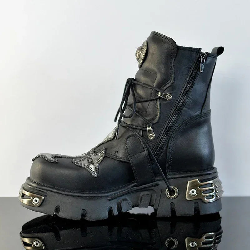 Fashion Men's Cow Genuine Leather Motorcycle Boots,Design New Unisex Mid-calf Skull Devil Goth Punk Metallic Work Boots Plus 48