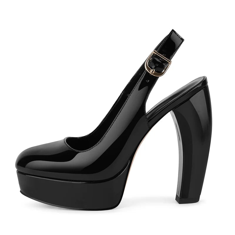 Pumps - Platform Patent Leather Chunky Heel - Round Toe | KIMLUD