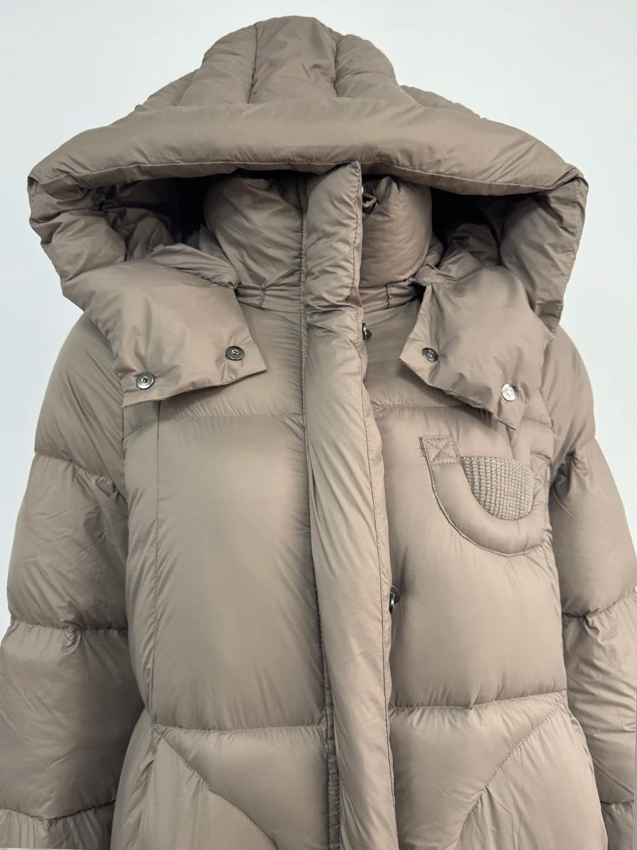 Hirsionsan Winter Long Solid Hooded Puffer Clothing Women Loose Casual White Duck Down Jackets Retro Streetwear Simple Warm Coat