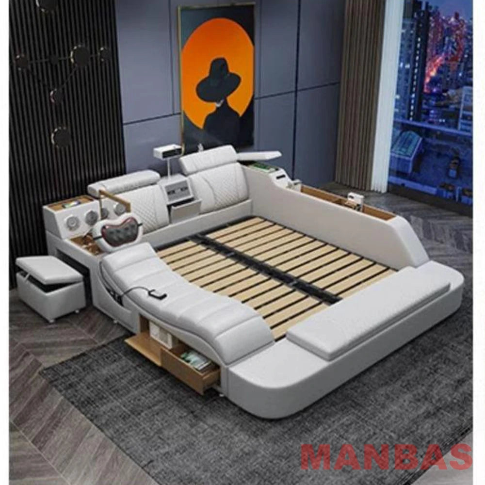 Genuine Leather Bed With Projector USB Speaker — White | KIMLUD