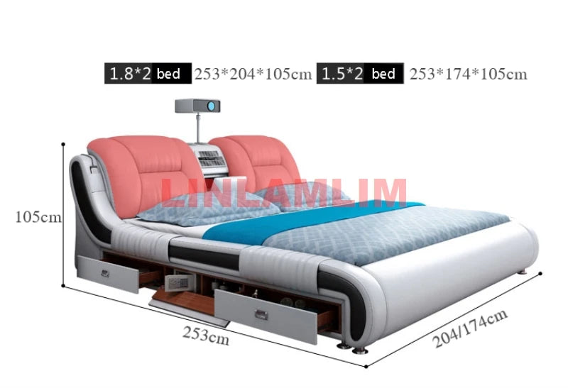 Genuine Leather Bed With Built-In Massage Bluetooth Speaker Air Cleaner Projector And Drawers — White | KIMLUD