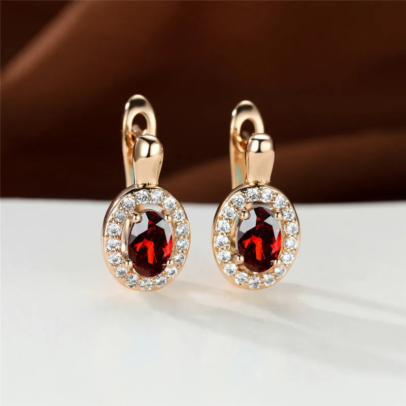 Rose Gold-Tone Stud Earrings Oval Zircon Halo — Sapphire Blue | KIMLUD