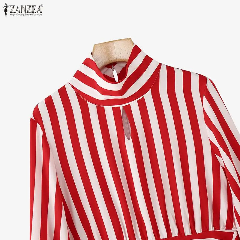 ZANZEA Women Stylish Tie Waist Striped Blouses 2025 Autumn Fashion Long Sleeve Cutout Turtleneck Tops Woman Clothing Streetwear