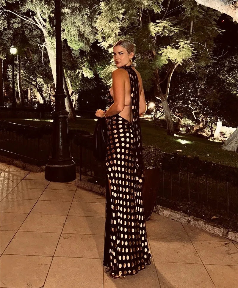 Mozision Round Plaid Printed Maxi Dress For Women Gown Halter Off-shoulder Sleeveless Backless Evening Club Long Dress Elegant