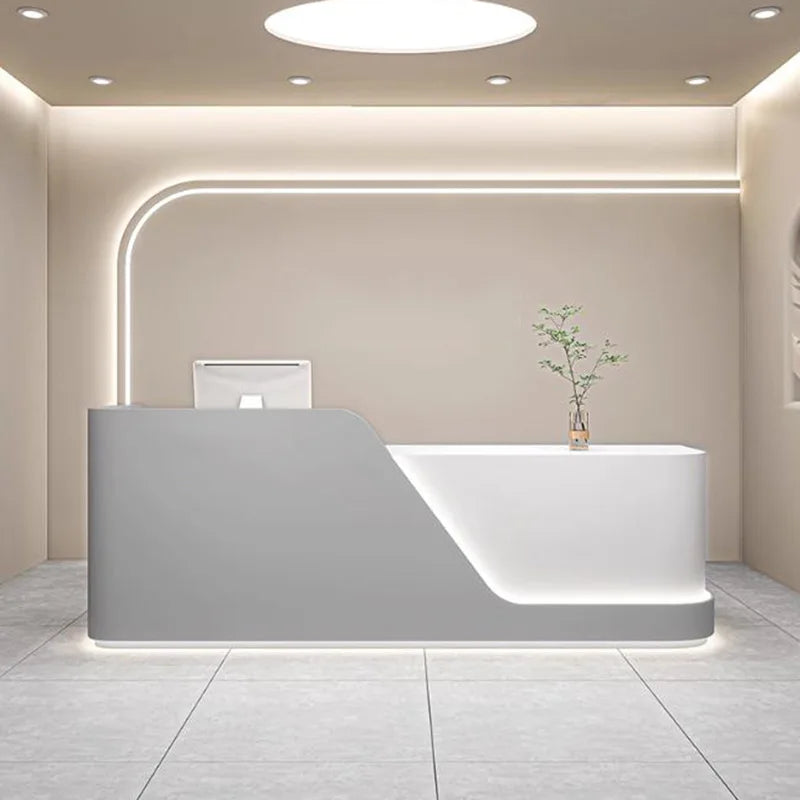 Curved Wood Reception Desk With LED Lights — White | KIMLUD