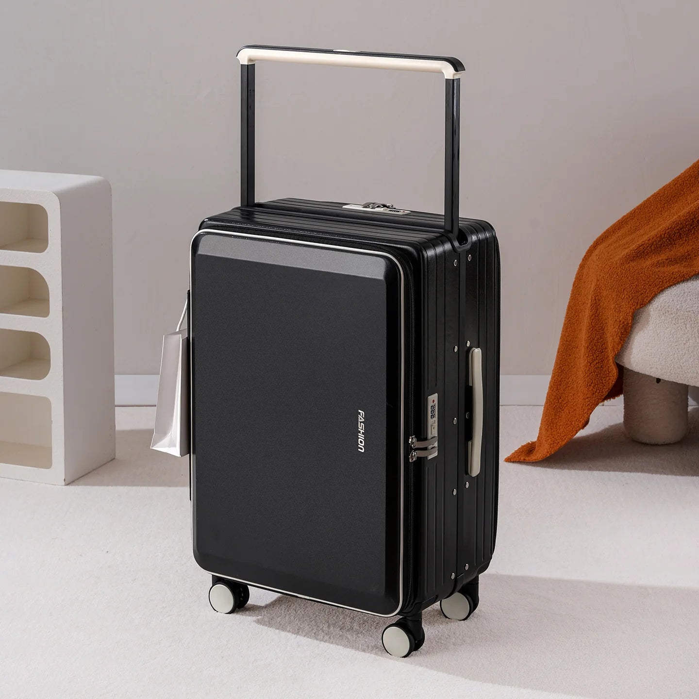 Suitcases Wide Handle Front Opening ABS — Black | KIMLUD