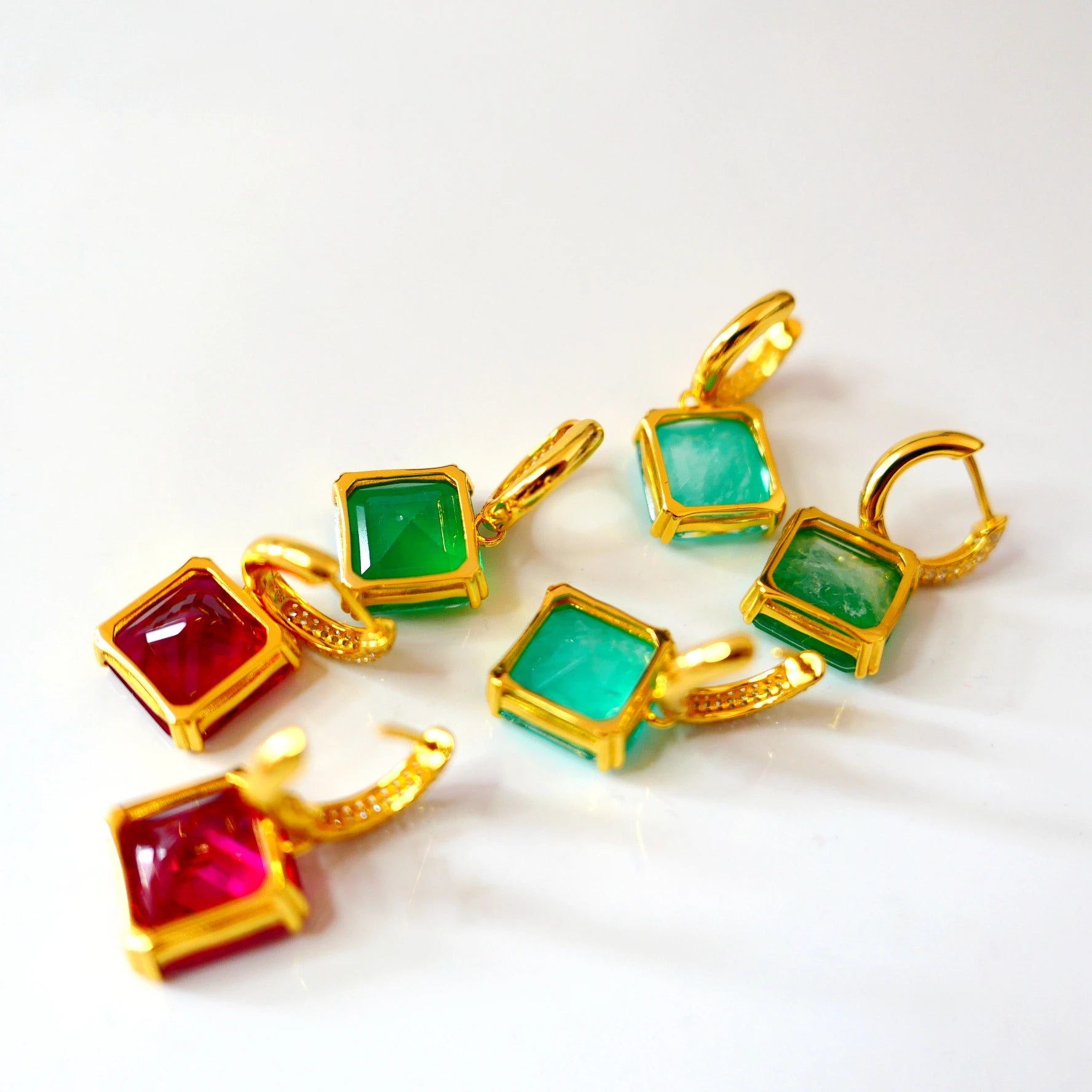 KQDANCE 925 Sterling Silver with Square Stone Lab Diamond Ruby Red Emerald Green Gemstone Earrings Women Gold Plated Jewelry