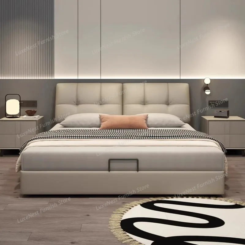 Modern Velvet Bed Headboard Set With Storage — Soft Gray | KIMLUD