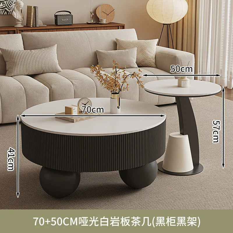 Minimalist Round Coffee Table With Storage Drawers — Ivory White | KIMLUD