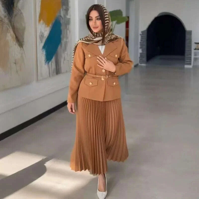 KIMLUD, Elegant Women Two Pieces Set Single-breasted Lapel Jacket Coat Belt Pleated Midi Skirt Suit 2025 office Lady New In Matching Set, KIMLUD Womens Clothes