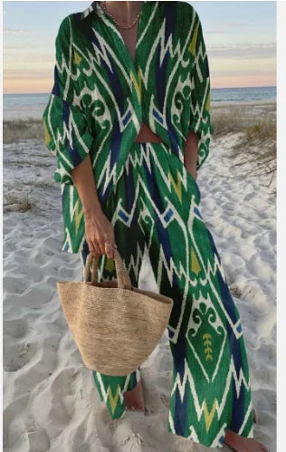 Two Piece Set – Casual Printed – Wide Leg Pants | KIMLUD