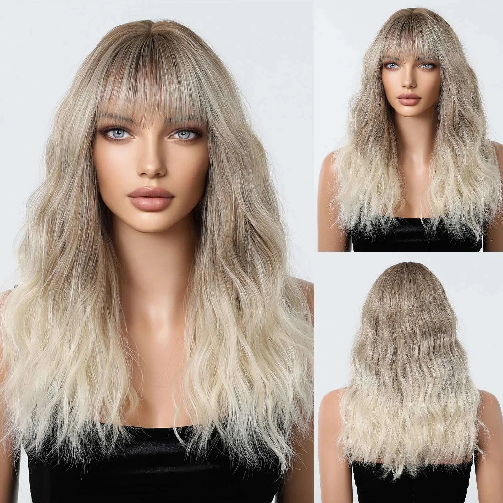 KIMLUD, Golden Blonde Mixed Synthetic Wig Dark Root Wavy Hair With Side Bangs for Women Daily Party Cosplay wig Heat Resistant Fiber, KIMLUD Womens Clothes