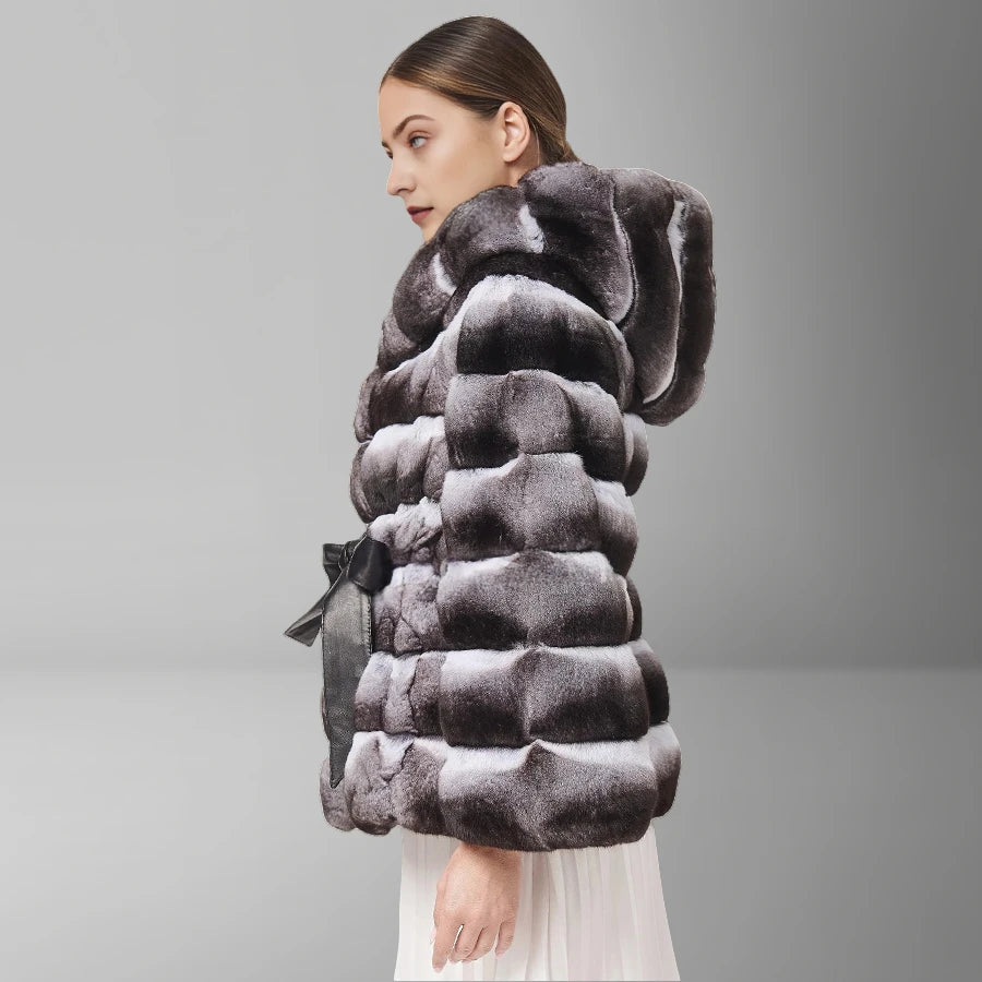 Natural Rex Rabbit Fur Jacket With Hood Women's Winter Jacket Real Rabbit Fur Coat With Belt Hot Selling Genuine Leather Jackets