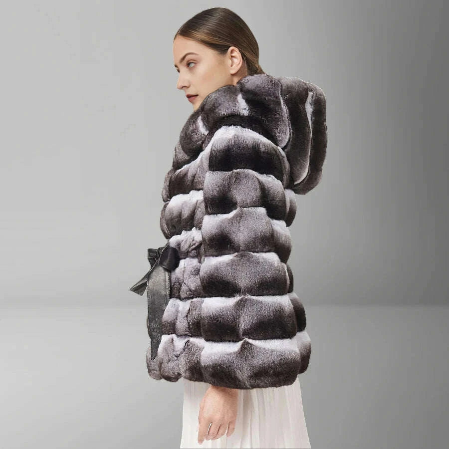 KIMLUD, Natural Rex Rabbit Fur Jacket With Hood Women's Winter Jacket Real Rabbit Fur Coat With Belt Hot Selling Genuine Leather Jackets, KIMLUD Womens Clothes
