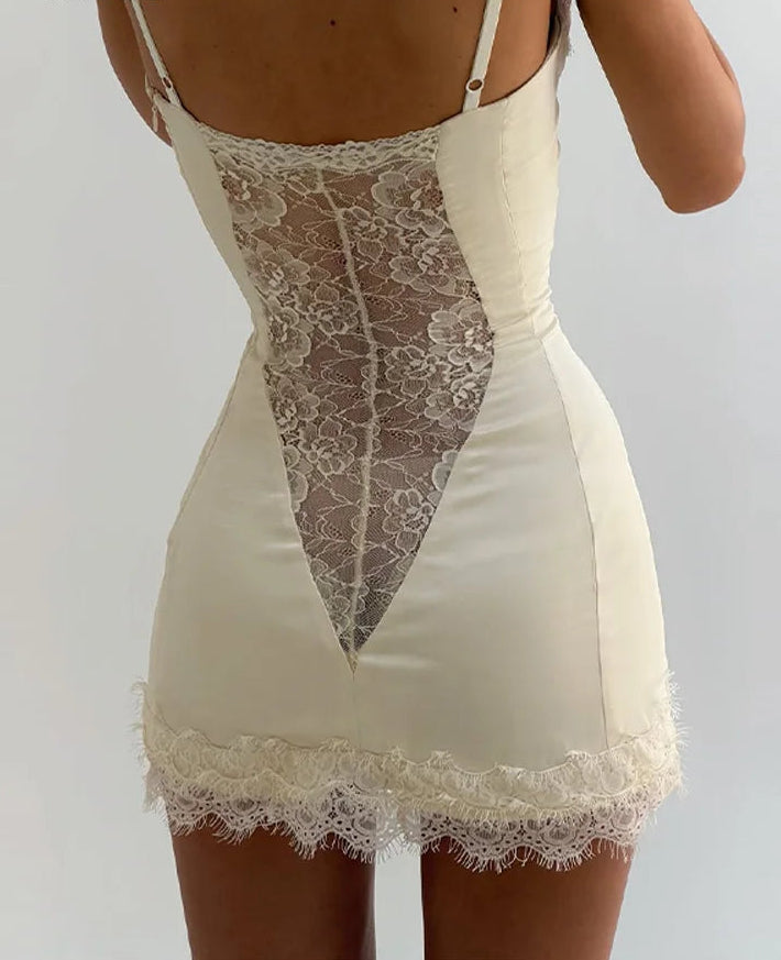 Lace Sling Satin Sheer Mini Dress — White | KIMLUD