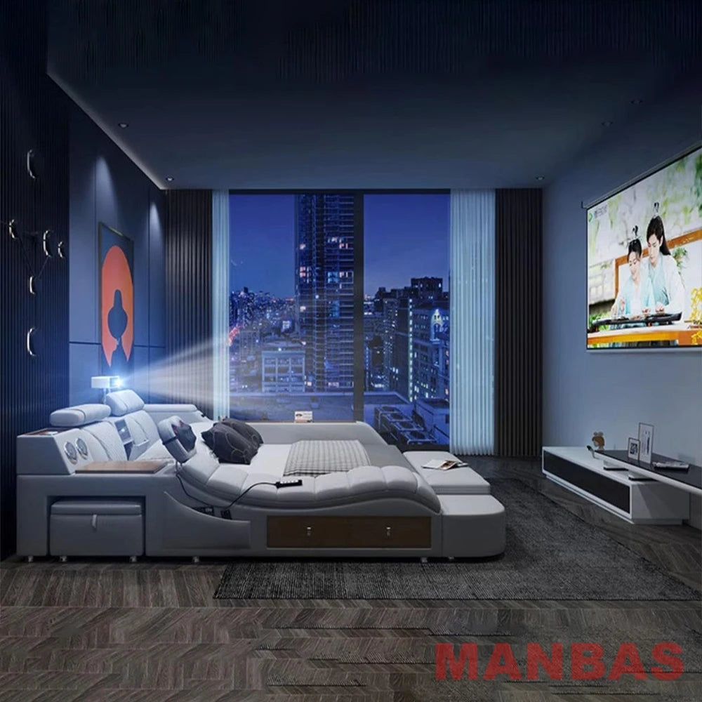 Genuine Leather Bed With Projector USB Speaker — White | KIMLUD