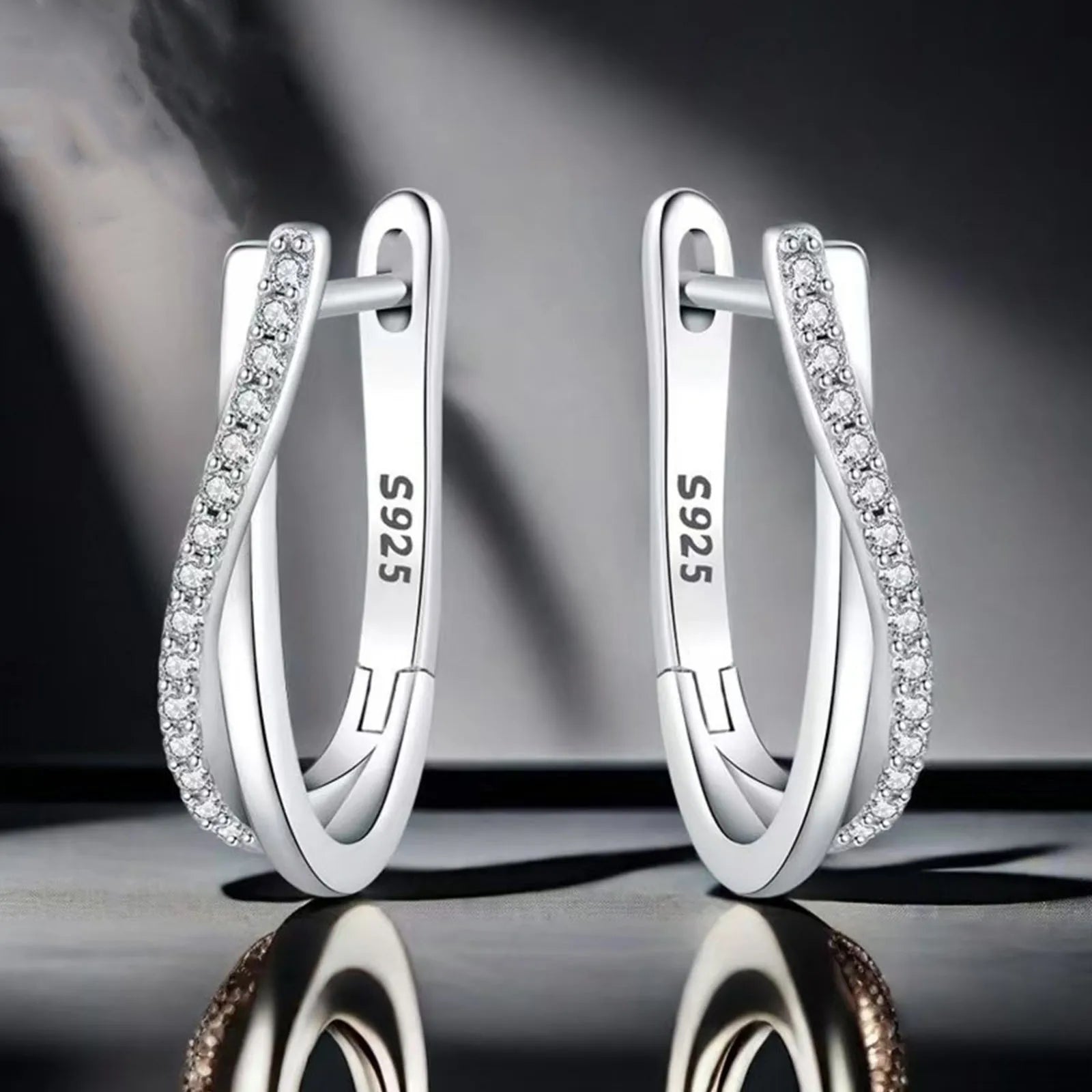 Sterling Silver Hoop Earrings Star Twisted Line With Zircon Trim — Silver | KIMLUD