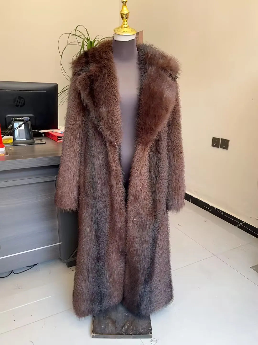 Faux Fur Coat - Long Waistband Design - Faux Fur - Large Collar | KIMLUD