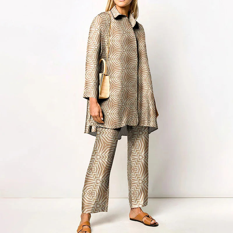 Two-Piece Set – Printed Autumn Vintage – Broadcloth – Wide-Leg Pants | KIMLUD