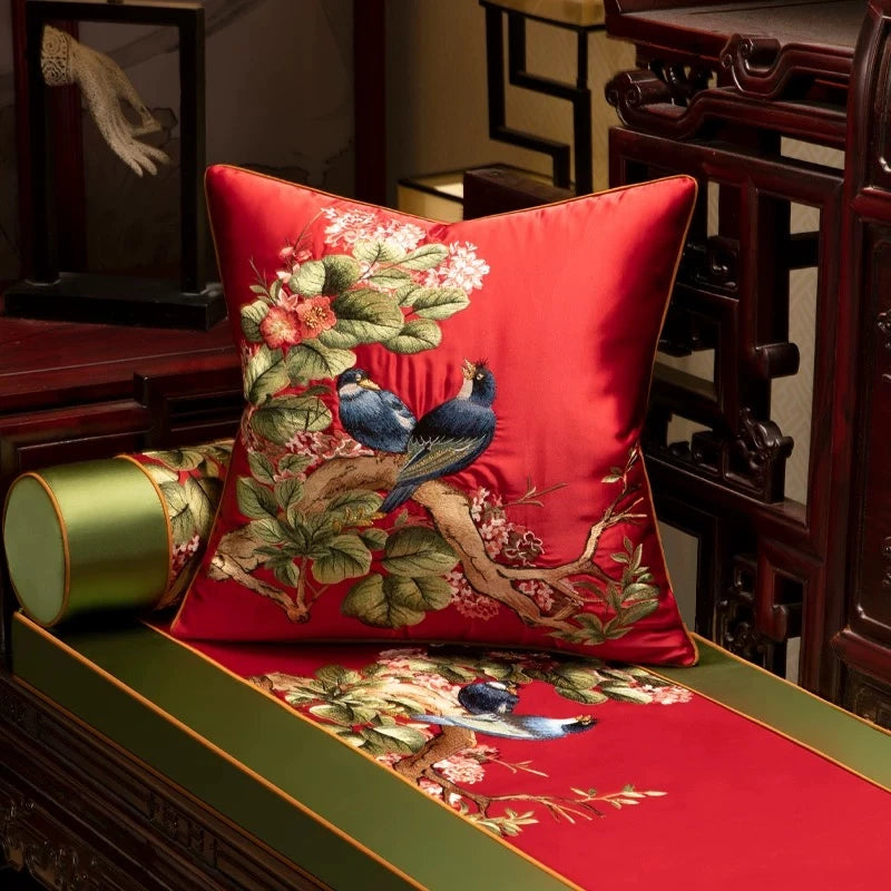 Luxurious Embroidered Silk-like 2 Magpies Square Home Sofa Decorative Pillow Case 3 Colors No Insert 18x18" 1 Piece Pack