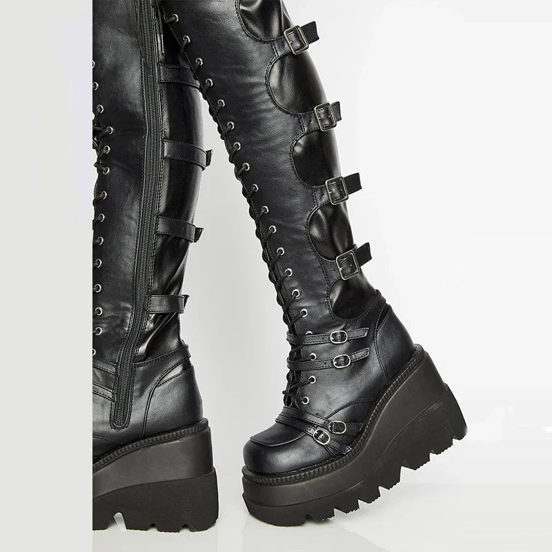 Over-the-knee Boots Women Platform Heels Belt Buckle  Boot Motorcycle Goth Shoe Thigh High Flat Boots Plus Size 42 43