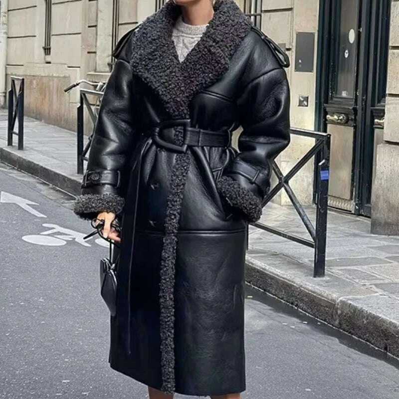 KIMLUD, Faux Fur Leather Long Jacket Women Lapel Long Sleeve Belt Thicken Female Coats Winter Fashion Street Patchwork Lady Outwear, KIMLUD Womens Clothes