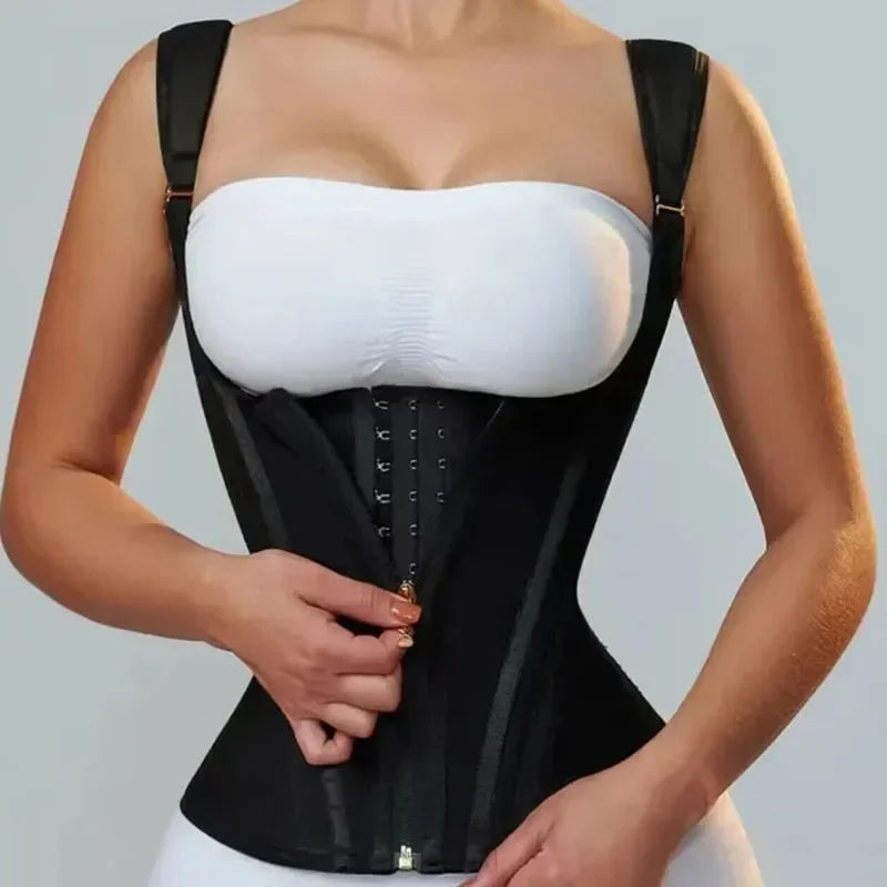 Colombian Fajas Double-Compression Body Shaper Vest Corset With Zipper And Hook-Eyes — Black | KIMLUD