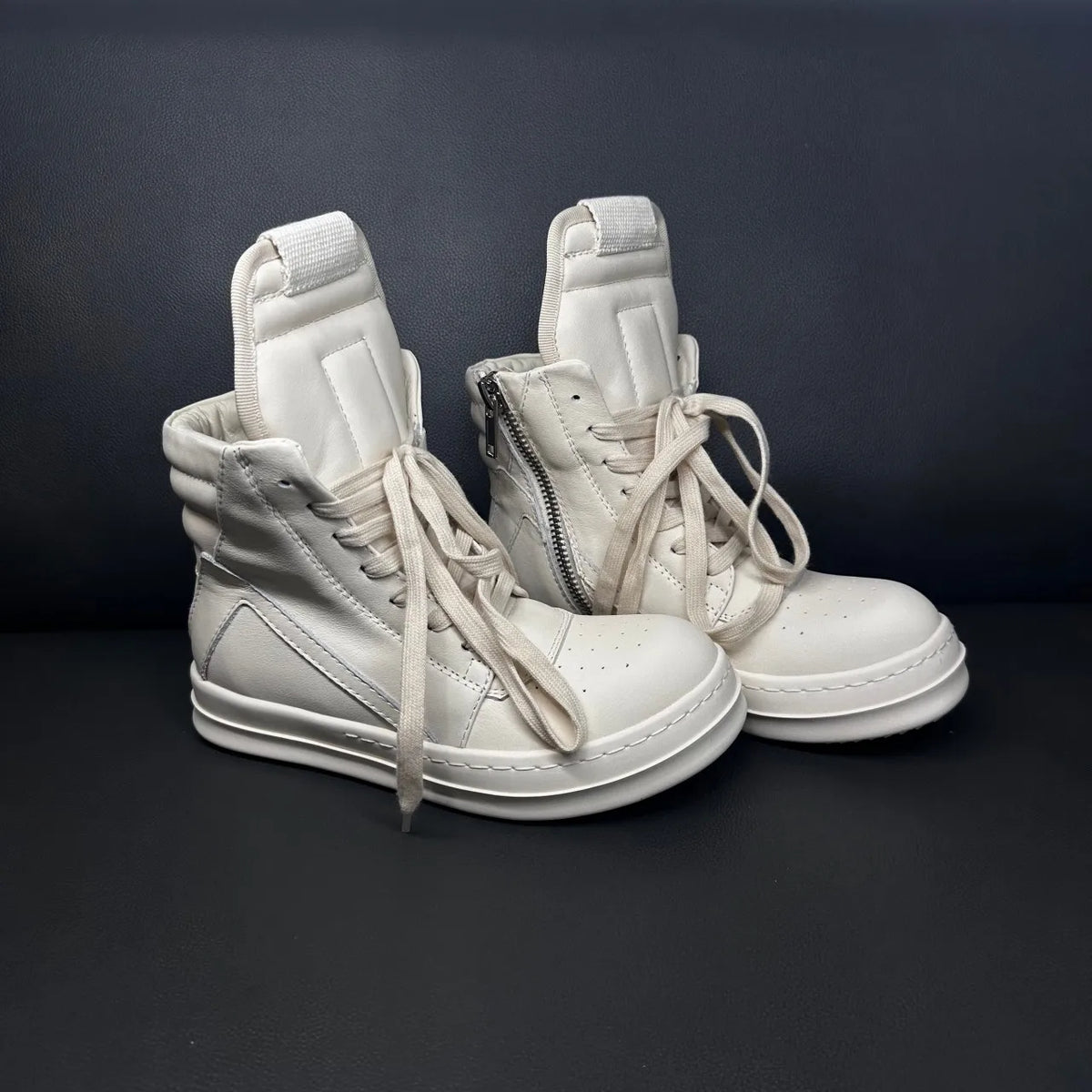 High Top Sneaker – ZIP Closure – Leather – Beige | KIMLUD
