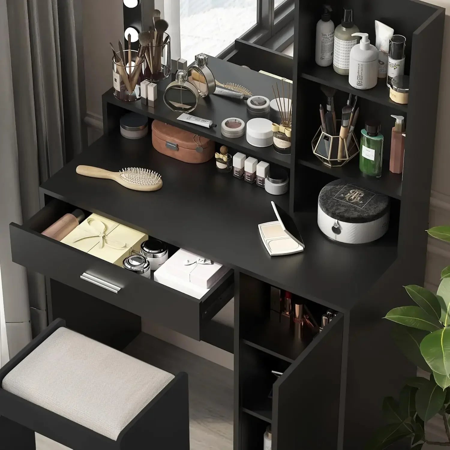 Vanity Desk with Mirror & Light, Large Drawer & Three Level Storage Dresser, Bedroom Dressing Table (Black with Stool)