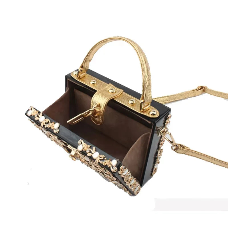 Acrylic Box Clutch Rhinestone Embroidery Champagne-Gold Double-Row Detailing — Ivory | KIMLUD