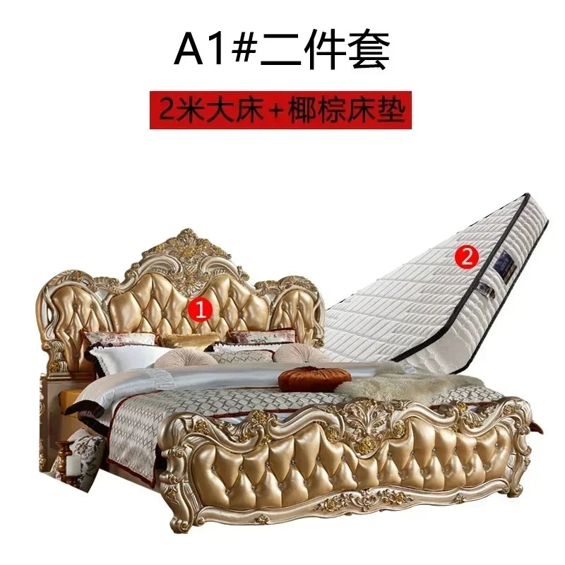 Luxury Gold Double Bed King Size Solid Wood Bedroom Set for Adults, Modern Princess Design Comfort Mattress