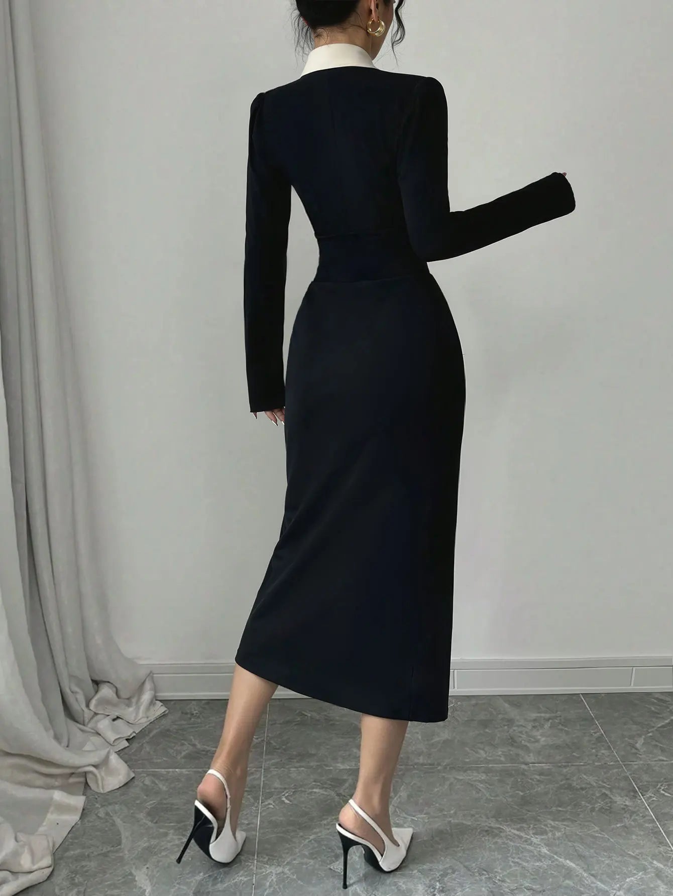 Knitted Midi Dress V-Neck Waist-Cinching Patchwork — Black and White | KIMLUD