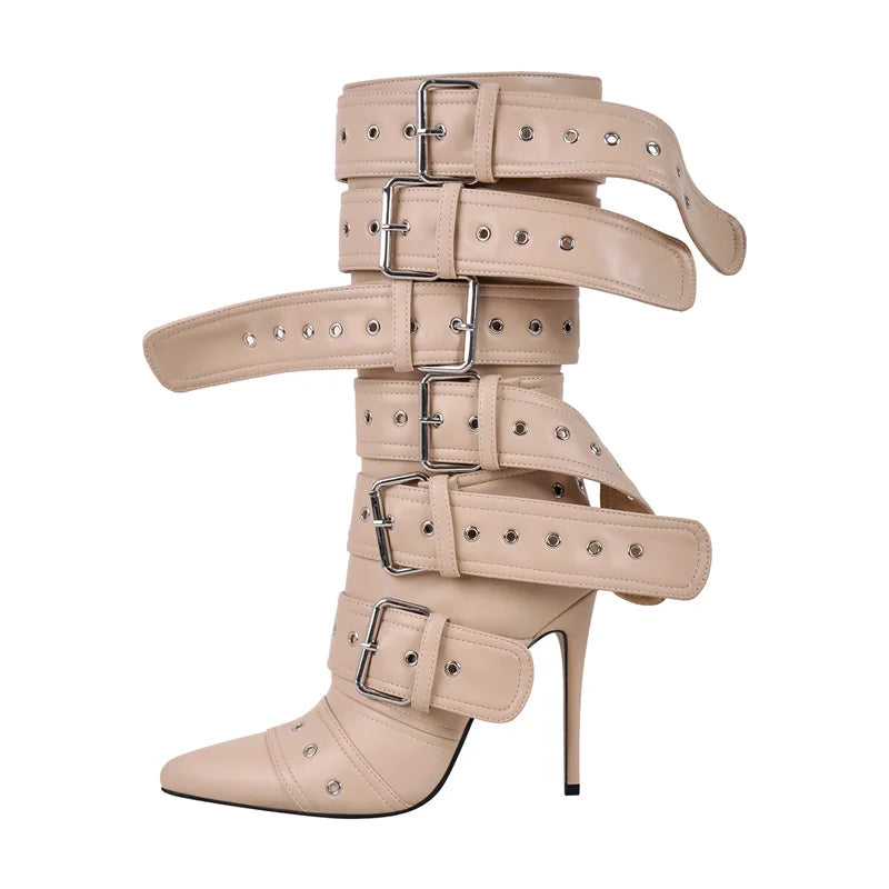 Onlymaker Women Pointed Toe Mid-Calf Boots Buckle Strap Thin High Heel Lady Zipper Female Stiletto Boots