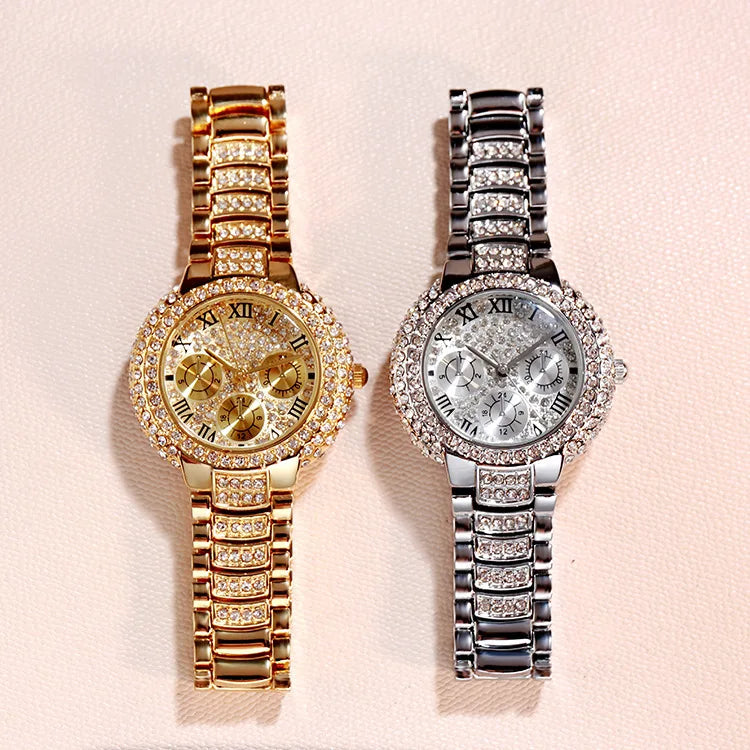 Full Diamond Quartz Watch For Women Luxury Fashion Silver Iced Out Quartz Wristwatch Gift MK Parker Style Chronograph Full Pave