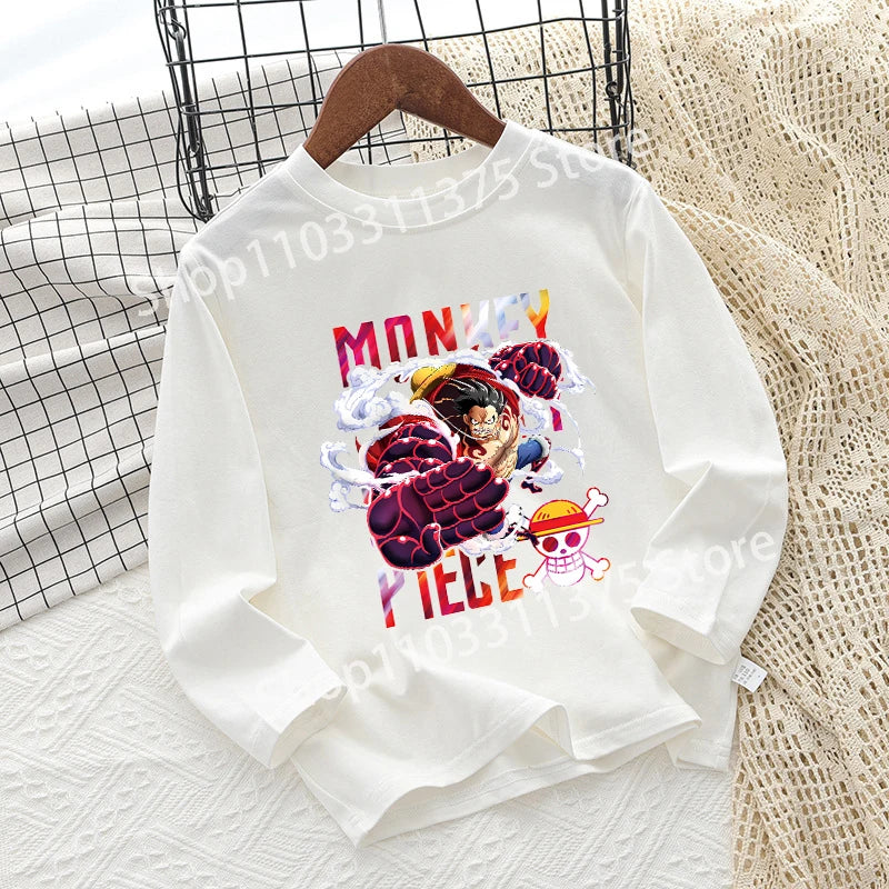 One Piece Children T-shirt Long Sleeve Children Clothing Fashion Hip Hop Round Neck Cotton Toddler Summer Cartoon Anime Toddler