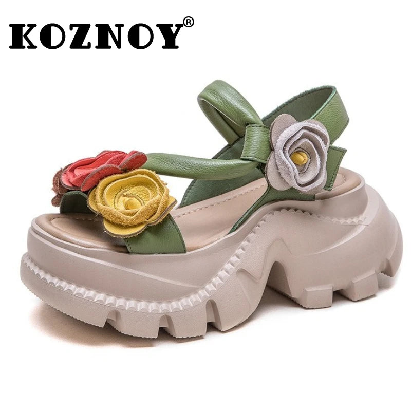 Koznoy 7cm Cow Genuine Leather Platform Wedge Women Summer Flower Slippers Pumps Hook Hollow Mary Jane Sandals Shoes Flats