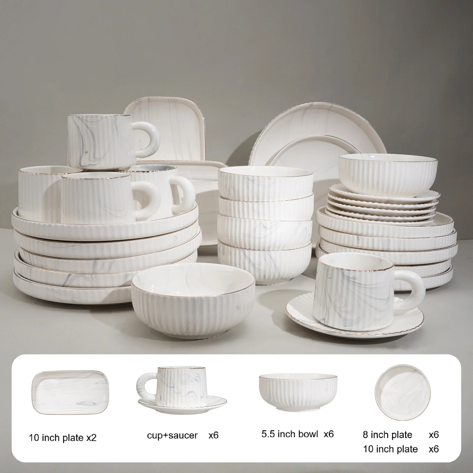 Porcelain Dinnerware Set With Gold Trim For Six — White | KIMLUD
