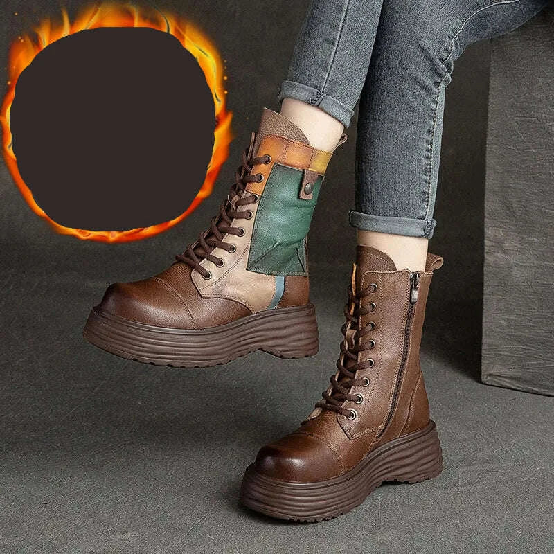 KIMLUD, GKTINOO Handmade Boots Women Genuine Leather Round Toe Lace-up Zipper Platform Thick-soled Mid-calf Boots Retro Zapatos Mujer, KIMLUD Womens Clothes