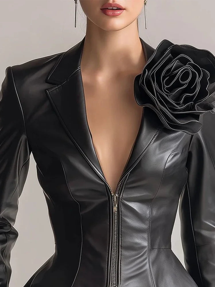 Women 3D Flower PU Leather Jacket Cropped Slim Fit Blazer Streetwear Fashion Lapel Collar Zipper Long Sleeve Coat for Autumn