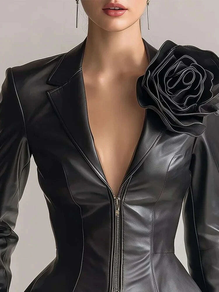 KIMLUD, Women 3D Flower PU Leather Jacket Cropped Slim Fit Blazer Streetwear Fashion Lapel Collar Zipper Long Sleeve Coat for Autumn, KIMLUD Womens Clothes