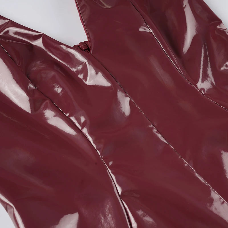 PU Leather Bodycon Dress Deep V-Neck Sleeveless Backless Ultra-Slim Fit — Burgundy | KIMLUD
