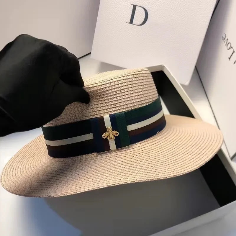 Polyester Wide Brim Hat Striped Bee Embroidery — Multicolor | KIMLUD
