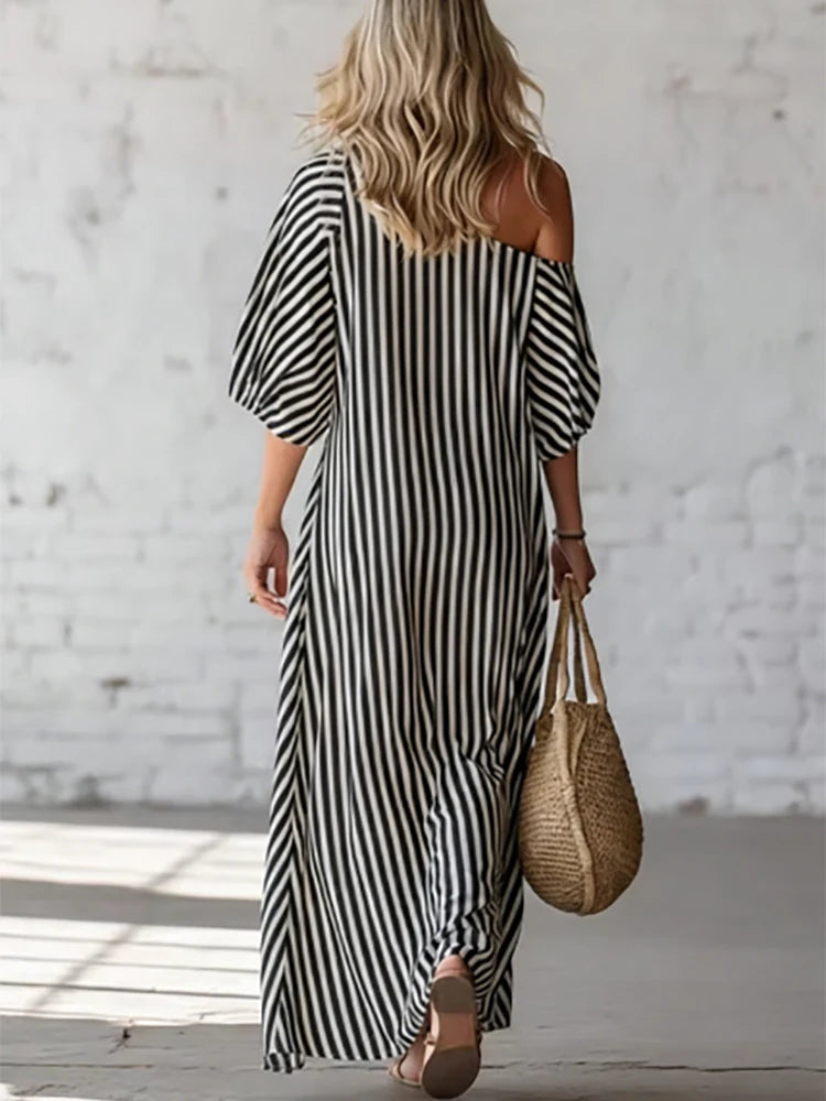 Single-Shoulder Bubble-Sleeve Dress Striped Print Loose-Fit — Black And White | KIMLUD