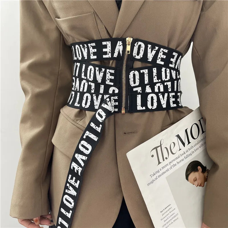 GetSpring Women Cummerbunds Letter Printed Zipper Black Wide Belt Fashion Elastic Waistband All Match Ladies Waist Band Corset