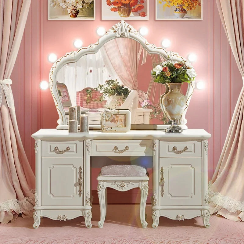 Wooden European Luxury Vanity Table With Arch Mirror — White | KIMLUD