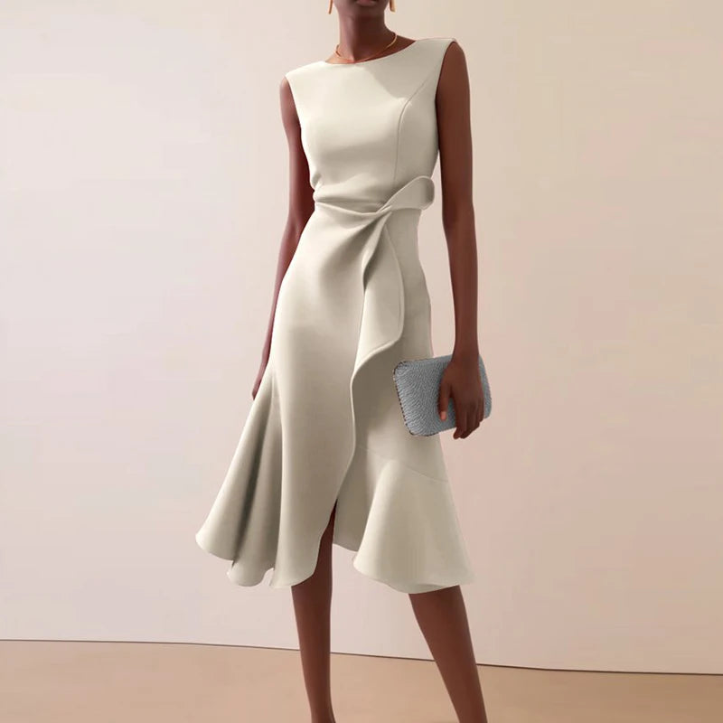 O-Neck A-Line Dress With Knot And Ruffle — Pink | KIMLUD