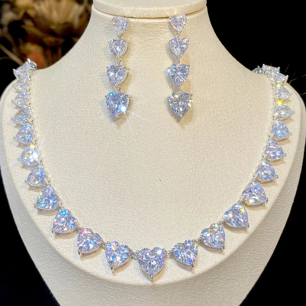 Shiny White Heart Cubic Zircon Women Jewelry Set Bridal Party Accessories Elegant Wedding Necklace Earrings 2PCS