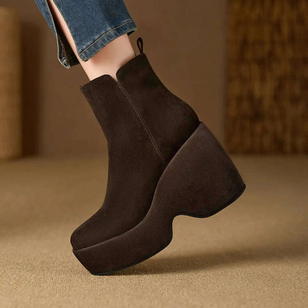 KIMLUD, Brand Women Wedges Boots Suede Platform Women Ankle Boots High Quality Walking Comfy Woman Shoes New Sexy High Heels Bootie, KIMLUD Womens Clothes