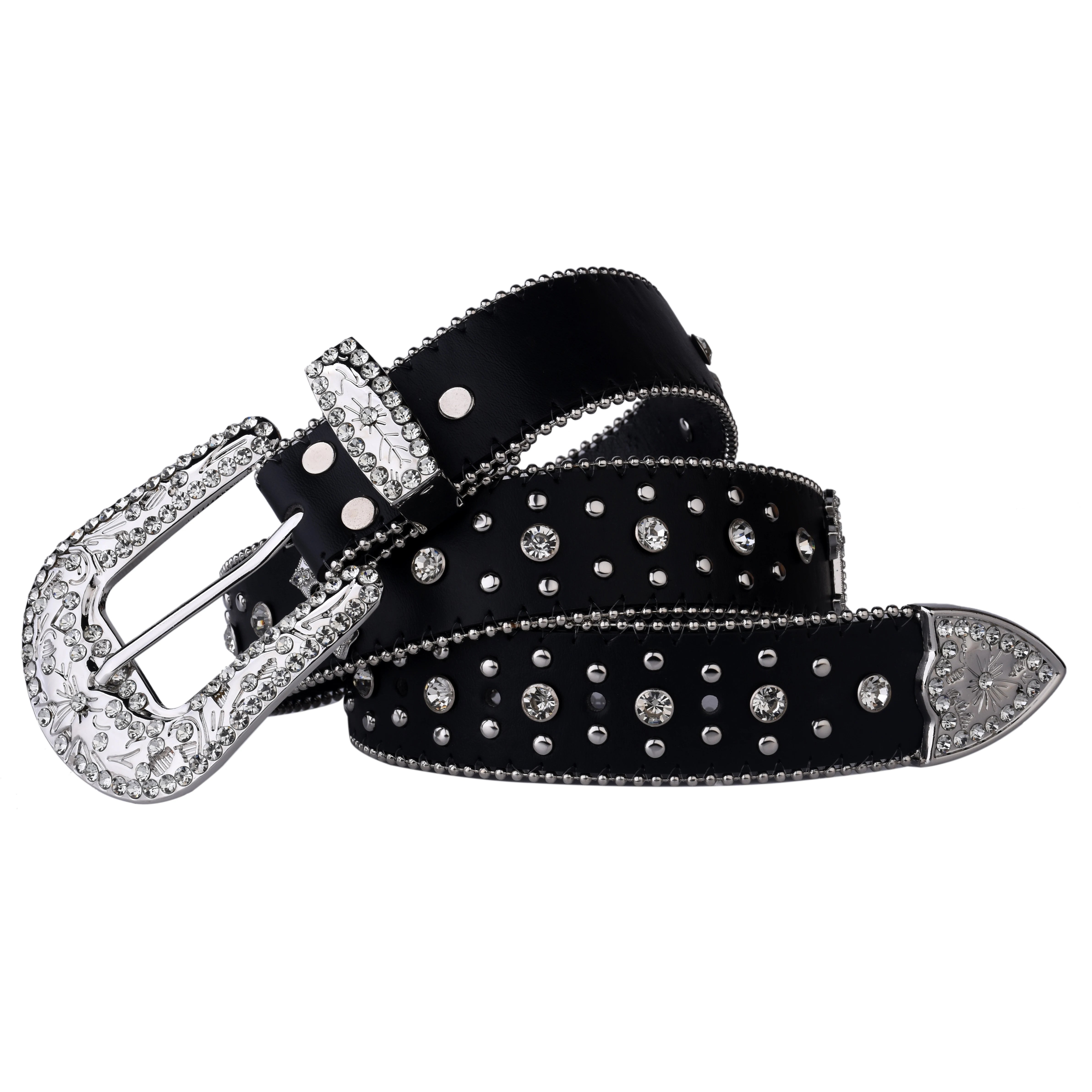 Black Cross Rivet Belt Engraved Buckle Rhinestone Decor PU Belt Hip Hop Jeans Pants Belt Punk Western Cowboy Cowgirl Belts