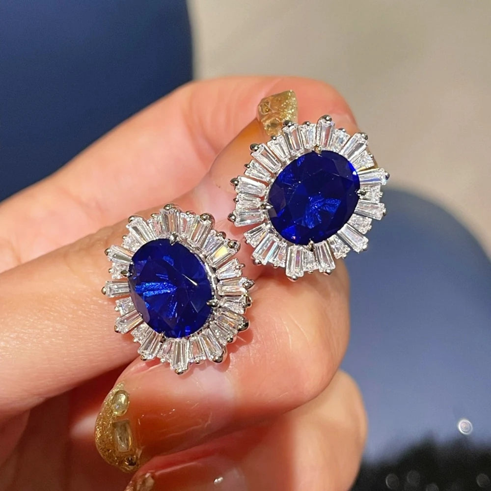 Sterling Silver Stud Earrings Oval Cut Sapphire Diamond — Blue | KIMLUD